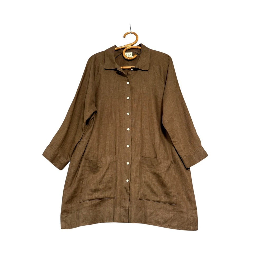Beaton | Chore Coat Shacket Earth Brown Size L 100% Linen - Picture 2 of 11